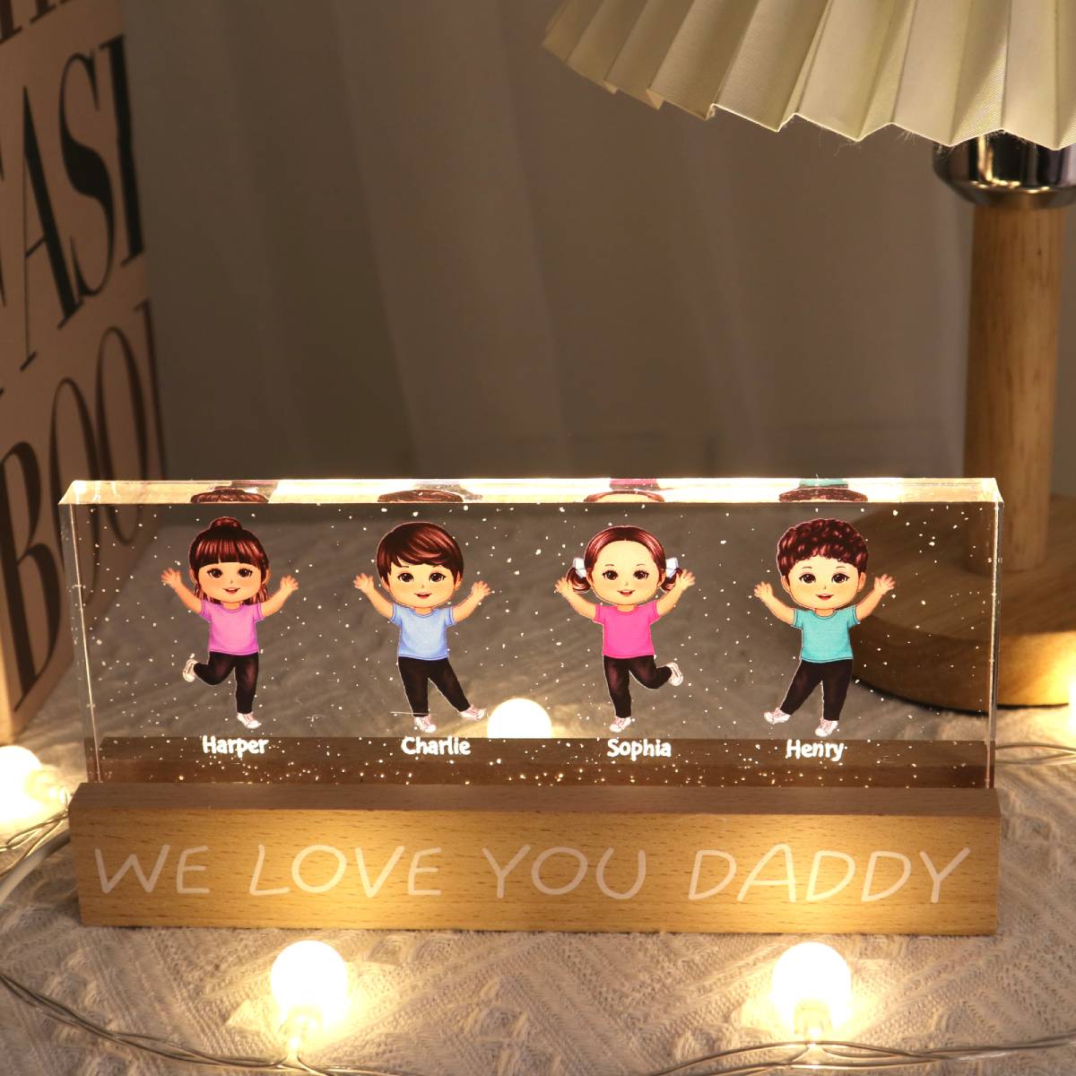 We Love You Daddy Happy Kids Personalized Acrylic LED Night Light, Father's Day Gift For Dad, Husband