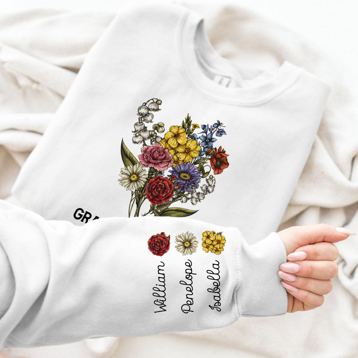 Grandma‘s Garden Beautiful Vintage Birth Month Flowers Bouquet Personalized Sleeve Printed Sweatshirt