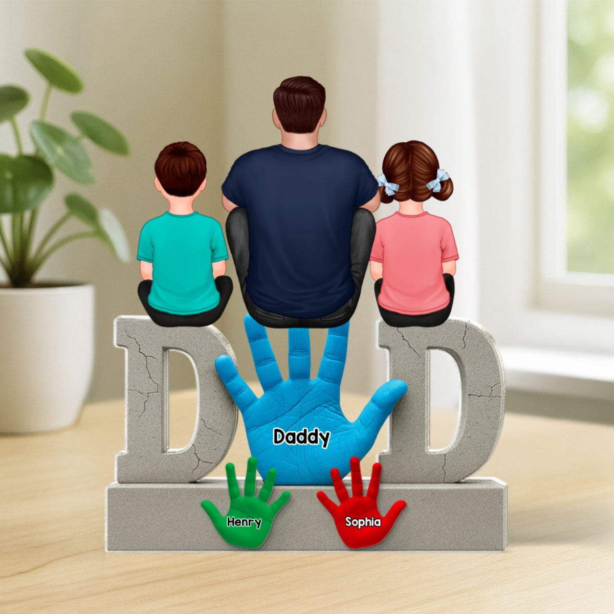 Dad Handprints Dad And Kids Sitting On Text Personalized Acrylic Block Plaque