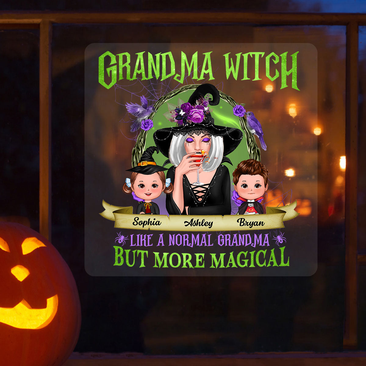 Green And Purple Halloween Grandma And Kids Personalized Decal, Halloween Decor