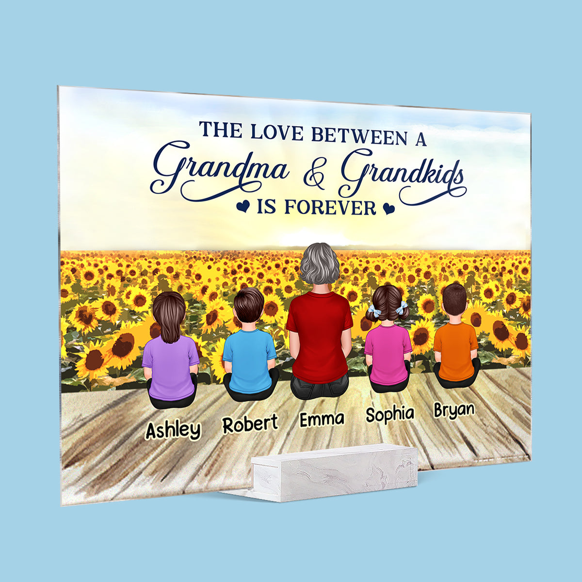 Sunflower Field Back View Grandma Mom With Kids Dogs Cats Sitting Personalized Acrylic Plaque