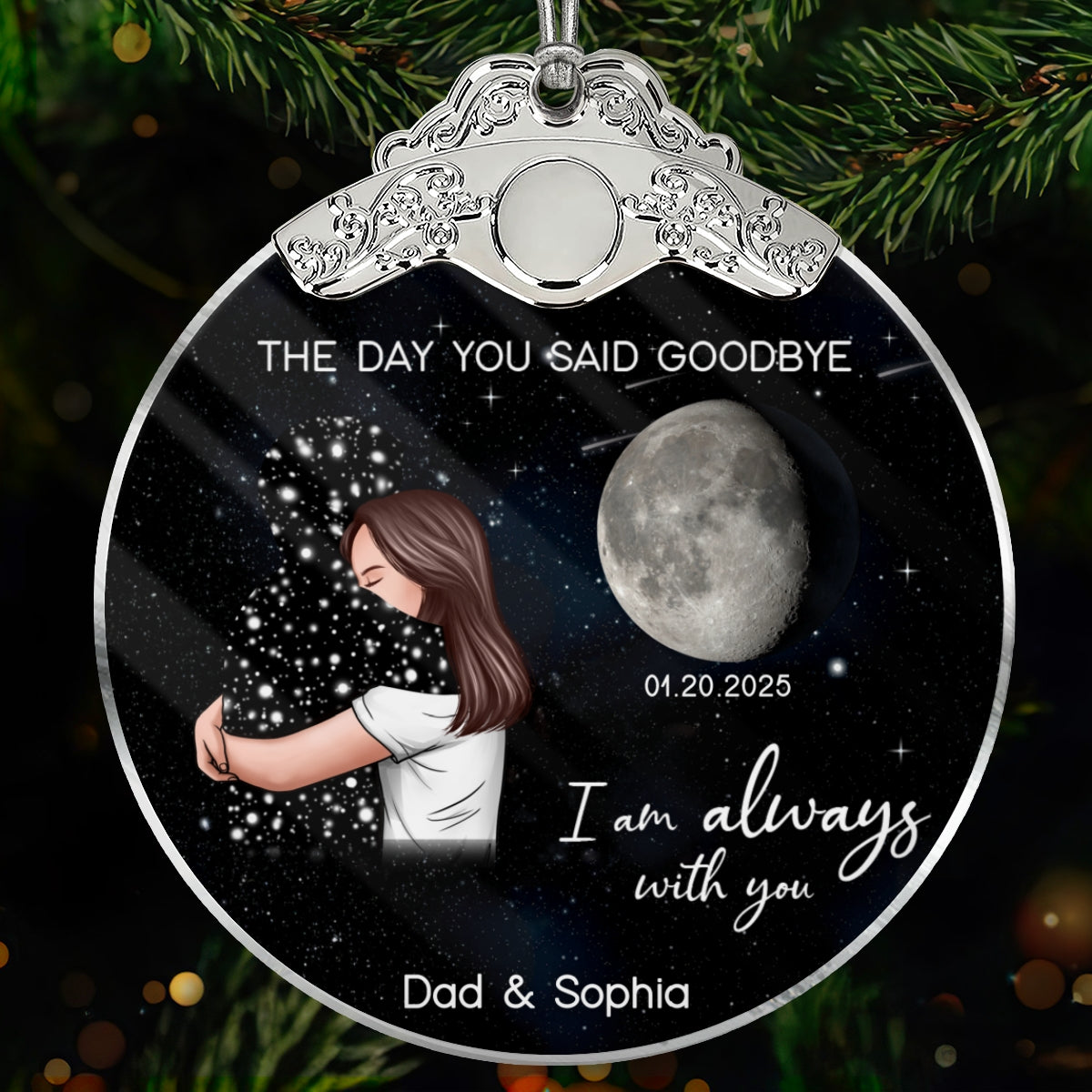 The Day You Said Goodbye Custom Moon Phase - Personalized Glass Ornament With Silver Cap - Heartwarming Memorial Sympathy Gift