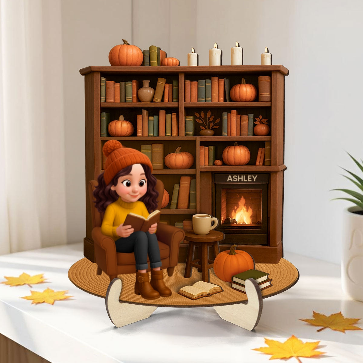 Fall Girl Reading Book Cozy Bookself Personalized 2-Layer Wooden Plaque