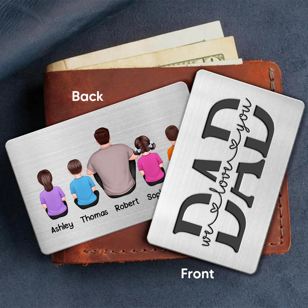 Best Dad Ever Back View Man Kids Dogs Cats Personalized Metal Wallet Card