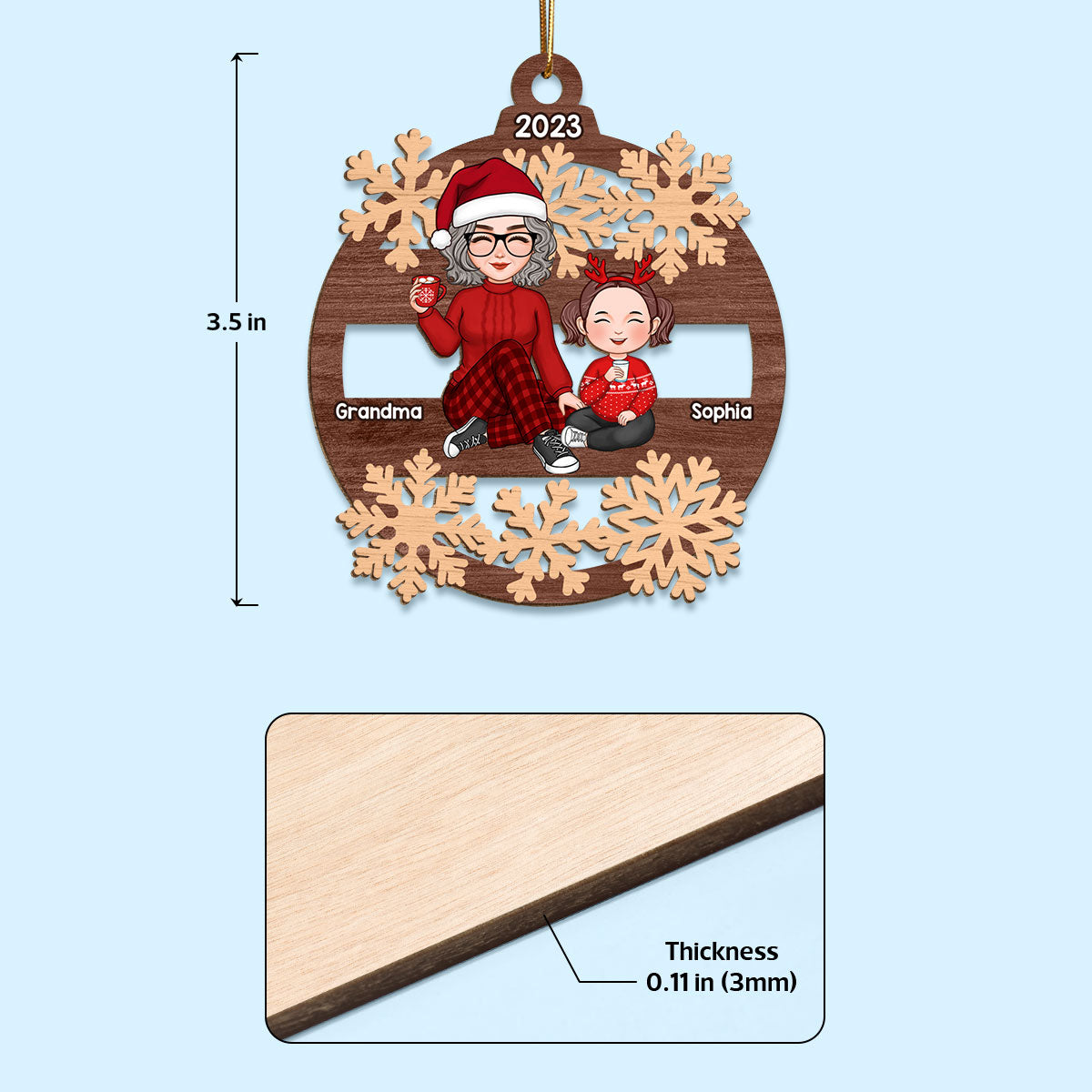 Cute Grandma And Grandkid Sitting In Snowflake Christmas Personalized Wooden Ornament