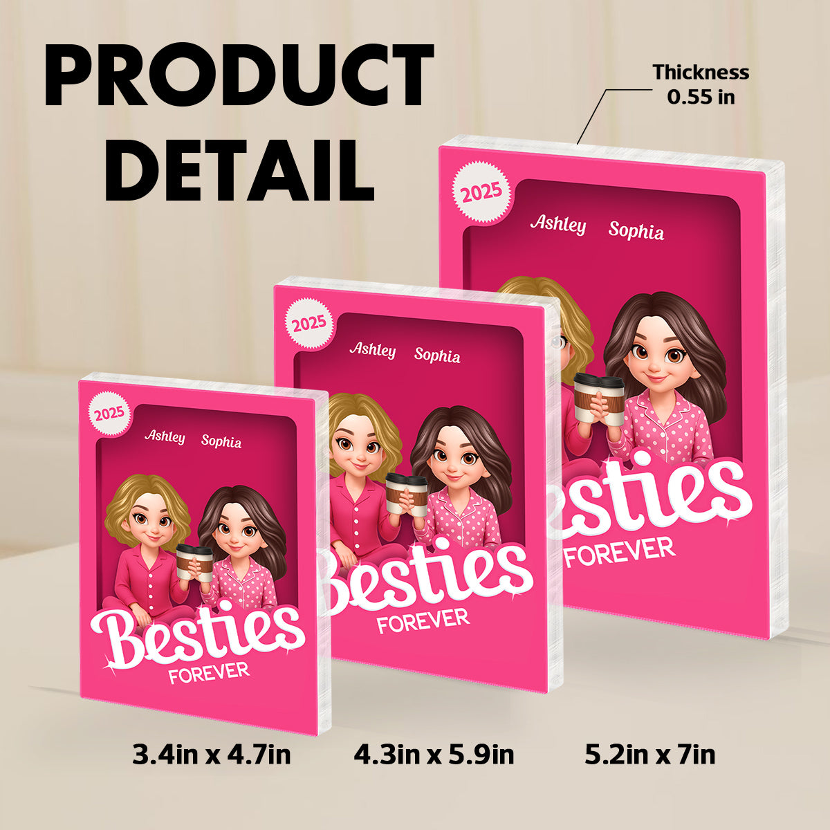 Pink Pajamas Besties 3D Effect Action Figure Personalized Acrylic Block