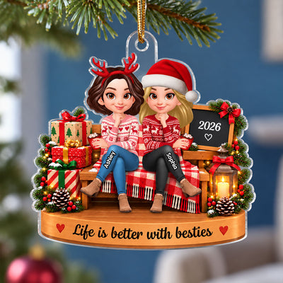 Christmas Besties Cozy Bench 2D Flat - Personalized Acrylic Ornament - Christmas Gift For Besties, Sisters