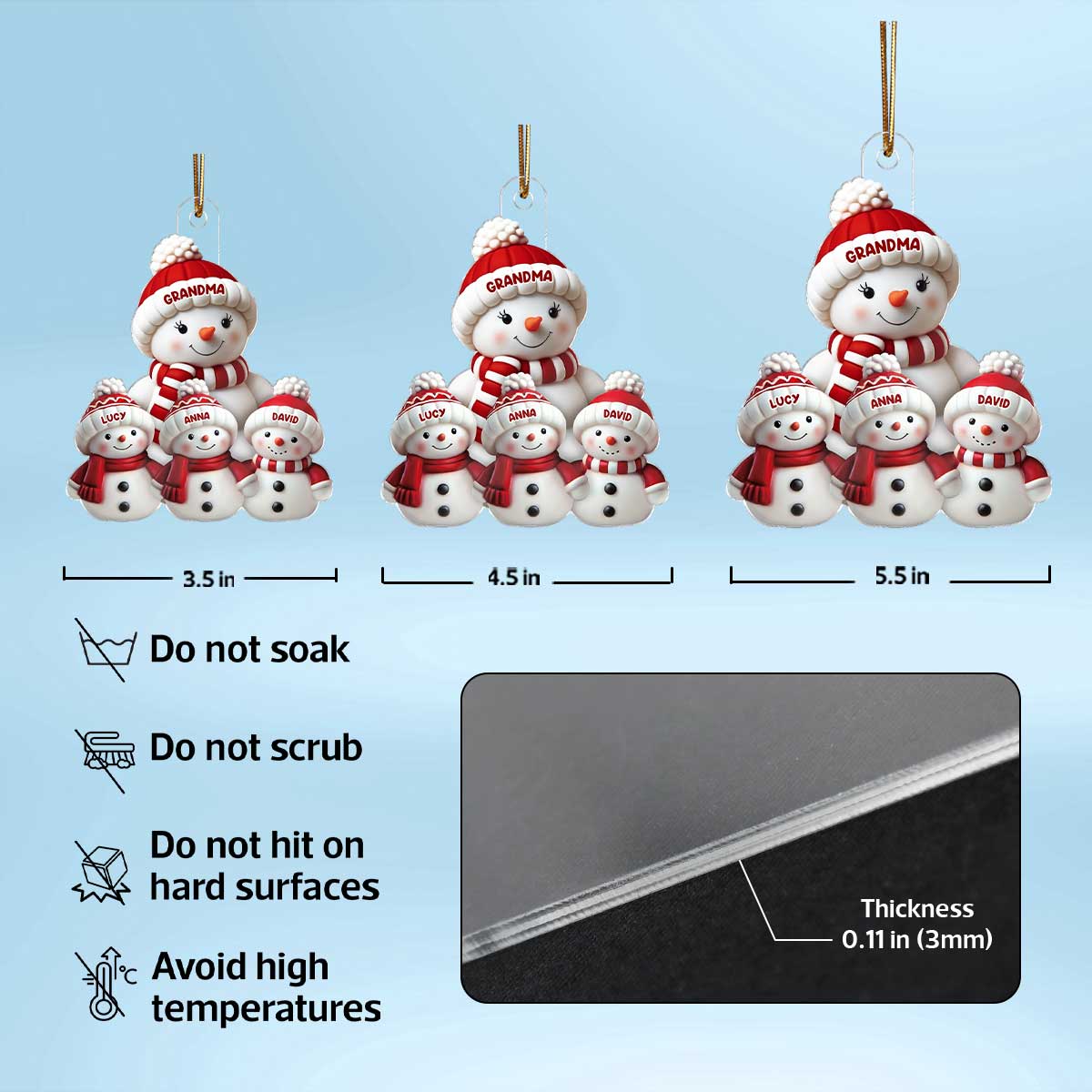 3D Effect Cute Snowman Grandma & Grandkids - Personalized Acrylic Ornament - Christmas Decor For Family, Grandma