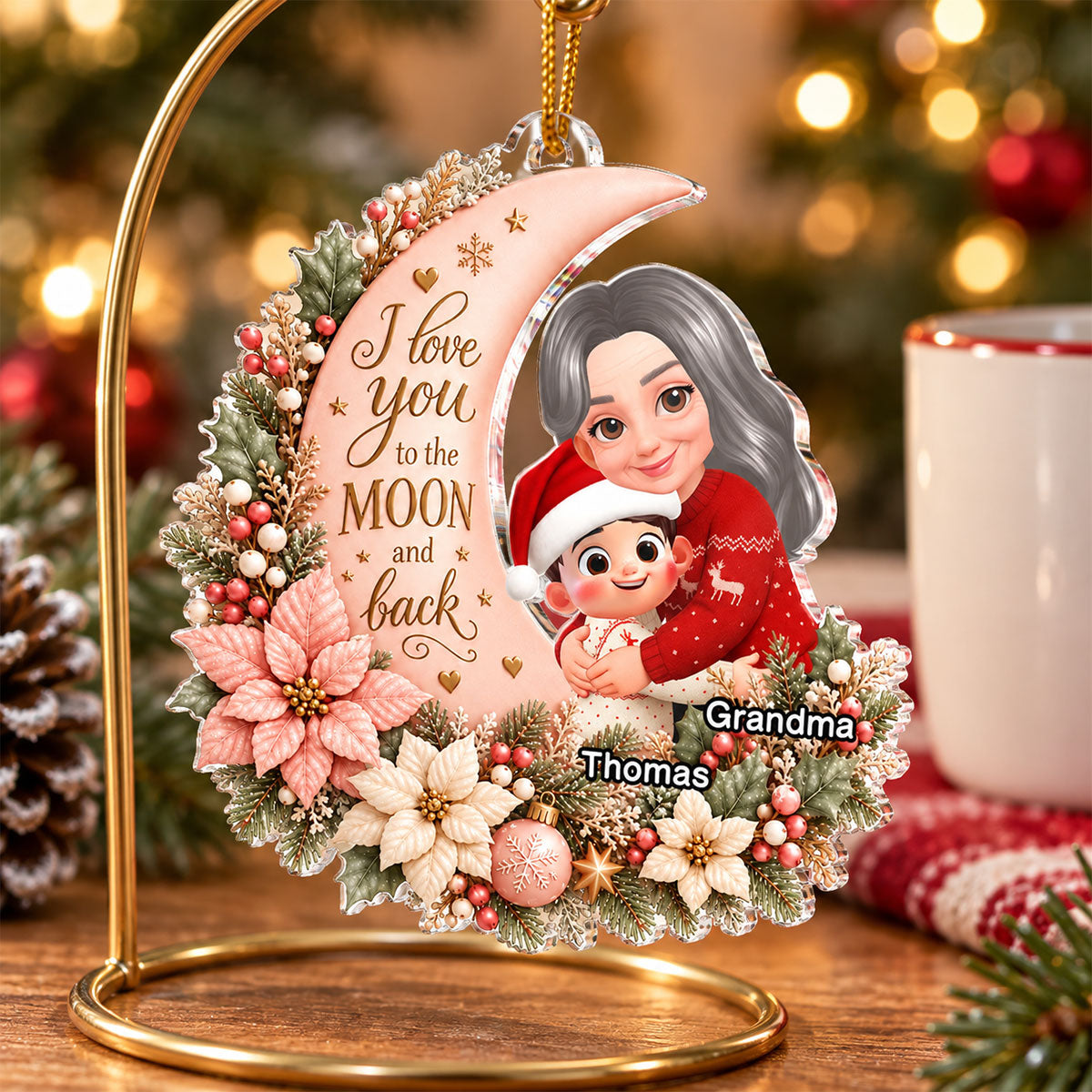 Grandma Loves Grandkid to the Moon - Personalized Acrylic Ornament - Heartfelt Christmas Gift for Granddaughter, Grandson