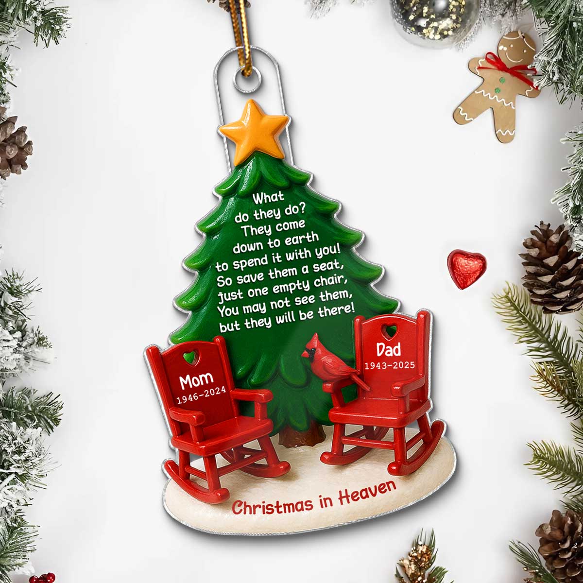 Christmas In Heaven Save A Seat 3D Effect - Personalized Acrylic Ornament - Christmas Memorial Keepsake For Family