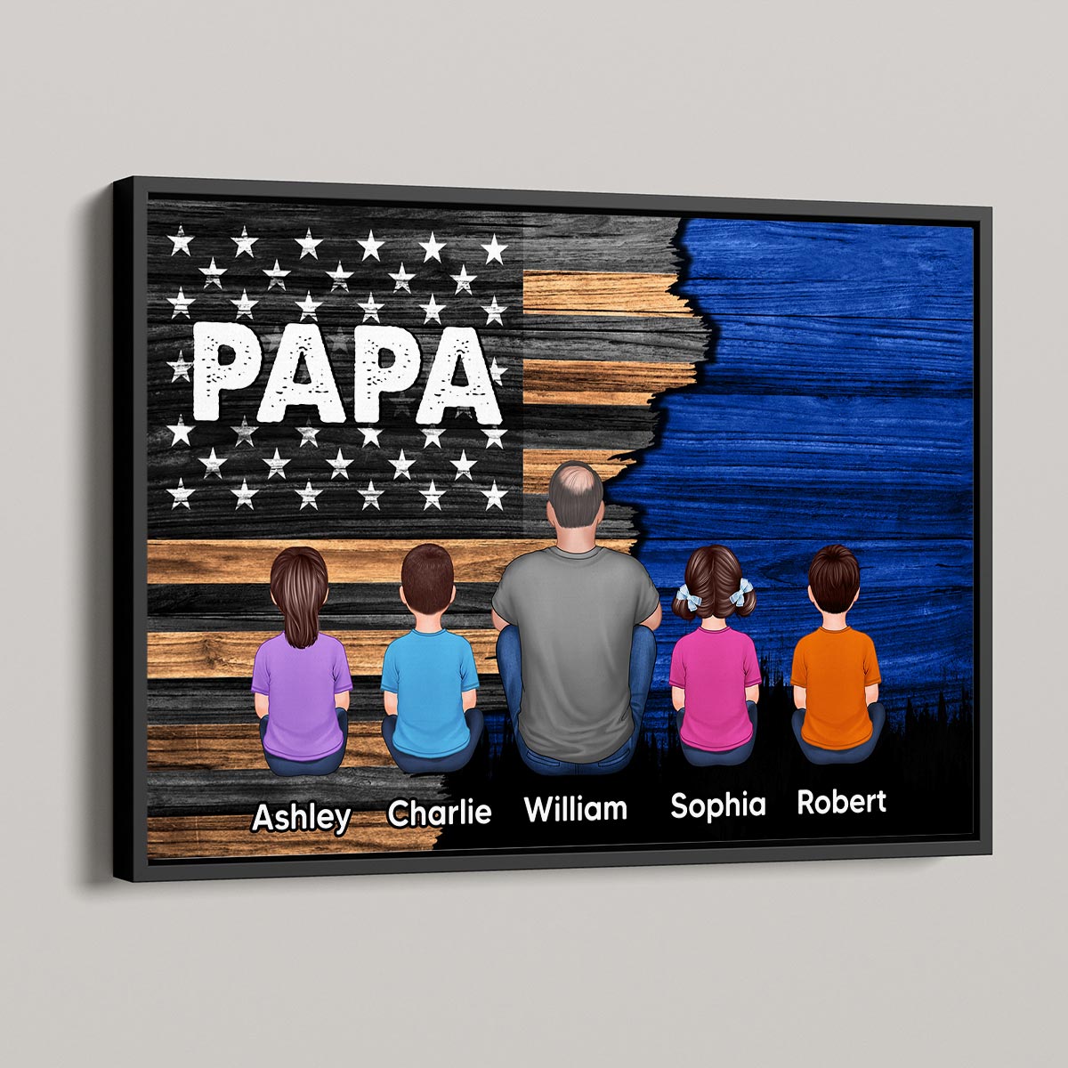 Dad Grandpa Papa Back View Sitting With Kids Half Nation Flag - Personalized Poster
