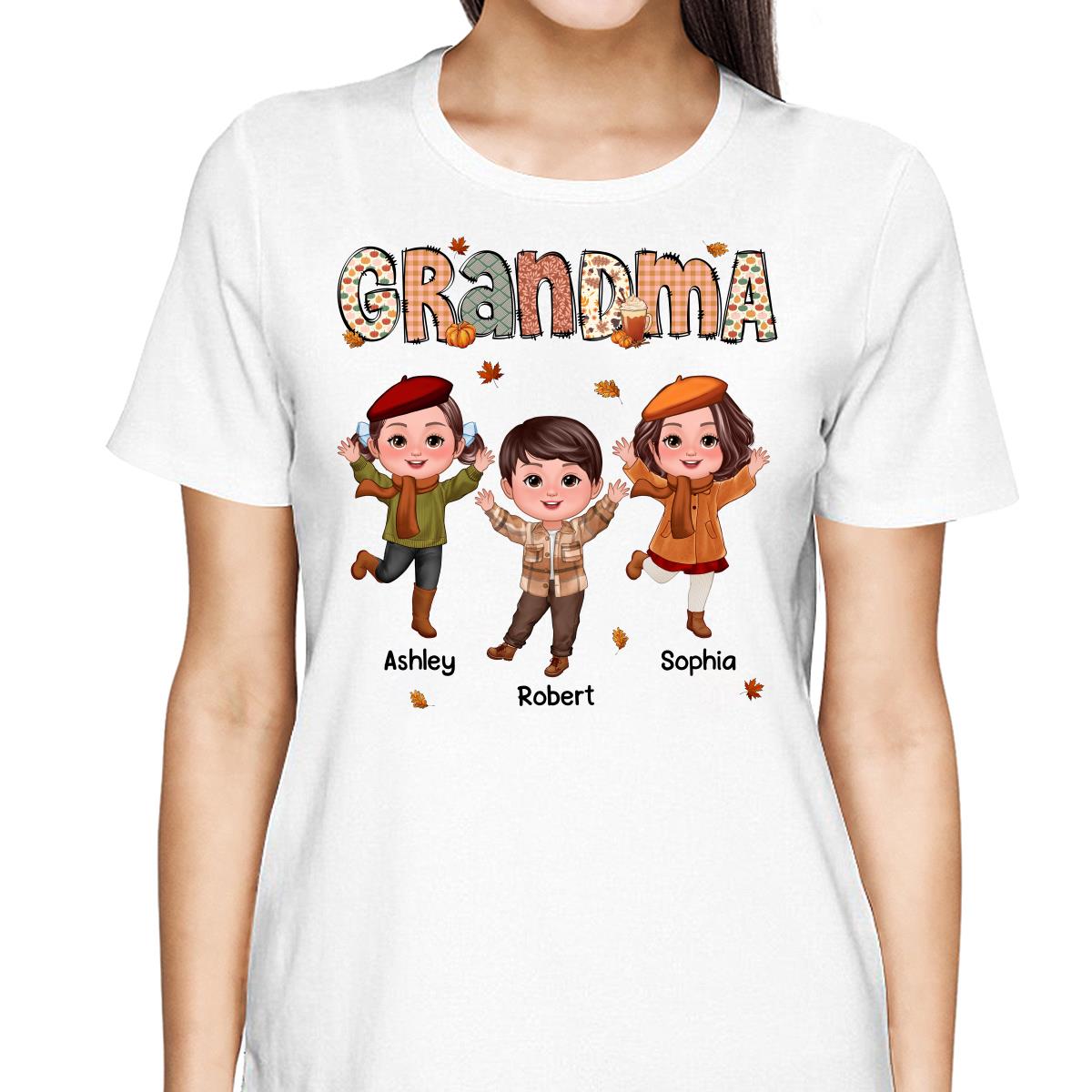 Grandma Mom Fall Season Pattern Happy Doll Kids Personalized Shirt
