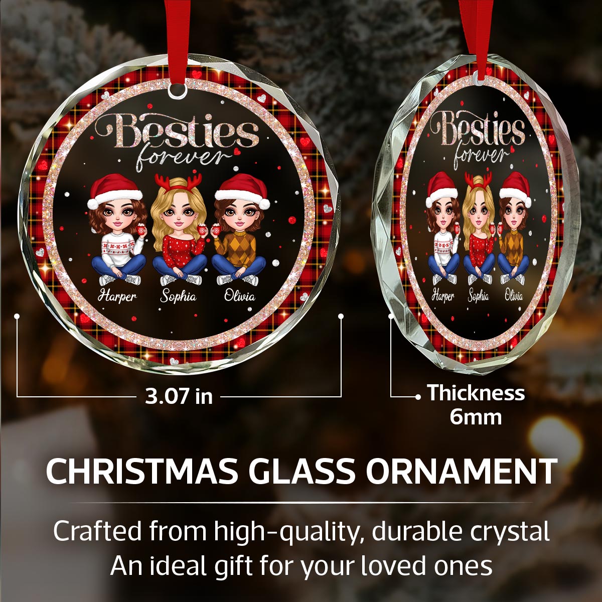 Sparkling Checkered Pattern Lovely Besties Personalized Glass Ornament