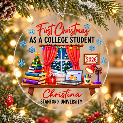 College Student With Desk Design - Personalized Acrylic Ornament - Christmas Gift For New Student, Boy, Girl