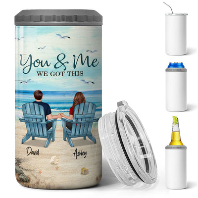 Back View Couple Sitting Beach Landscape Personalized Can Cooler