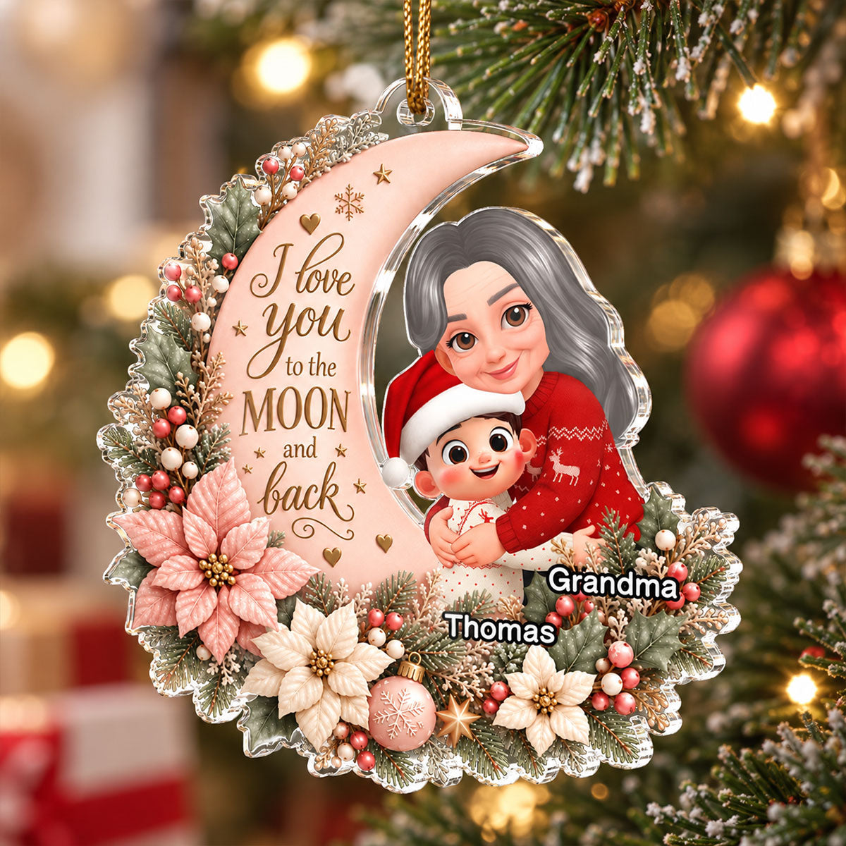 Grandma Loves Grandkid to the Moon - Personalized Acrylic Ornament - Heartfelt Christmas Gift for Granddaughter, Grandson