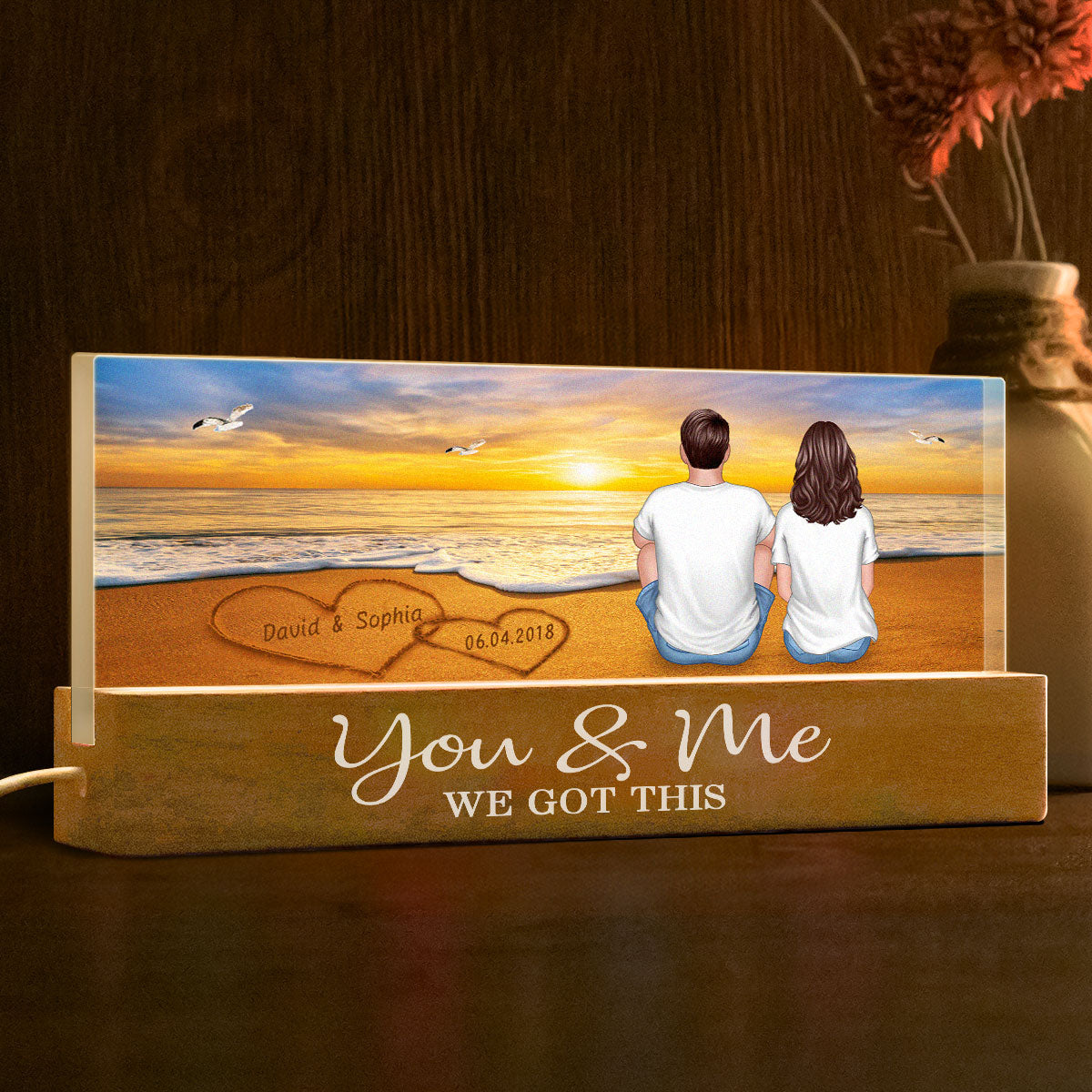 Love on the Beach, Personalized Acrylic Block LED Night Light, Names on Sandy Beach Art with Couple's Names and Date on Perfect Gift for Anniversary