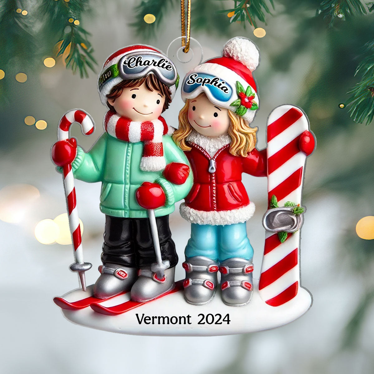 Personalized Ski Couple Christmas Acrylic Flat Ornament, Ski Resort Vacation, Adventurer, Winter Sports, Skiing Custom Xmas Gift
