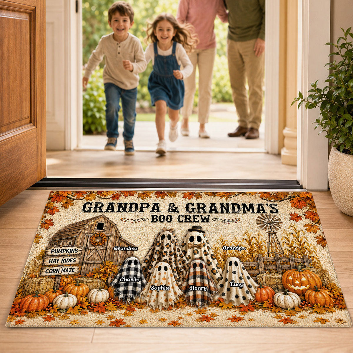Halloween Rustic Barnhouse Grandpa & Grandma's Boo Crew - Personalized Doormat - Halloween Decor For Grandparents