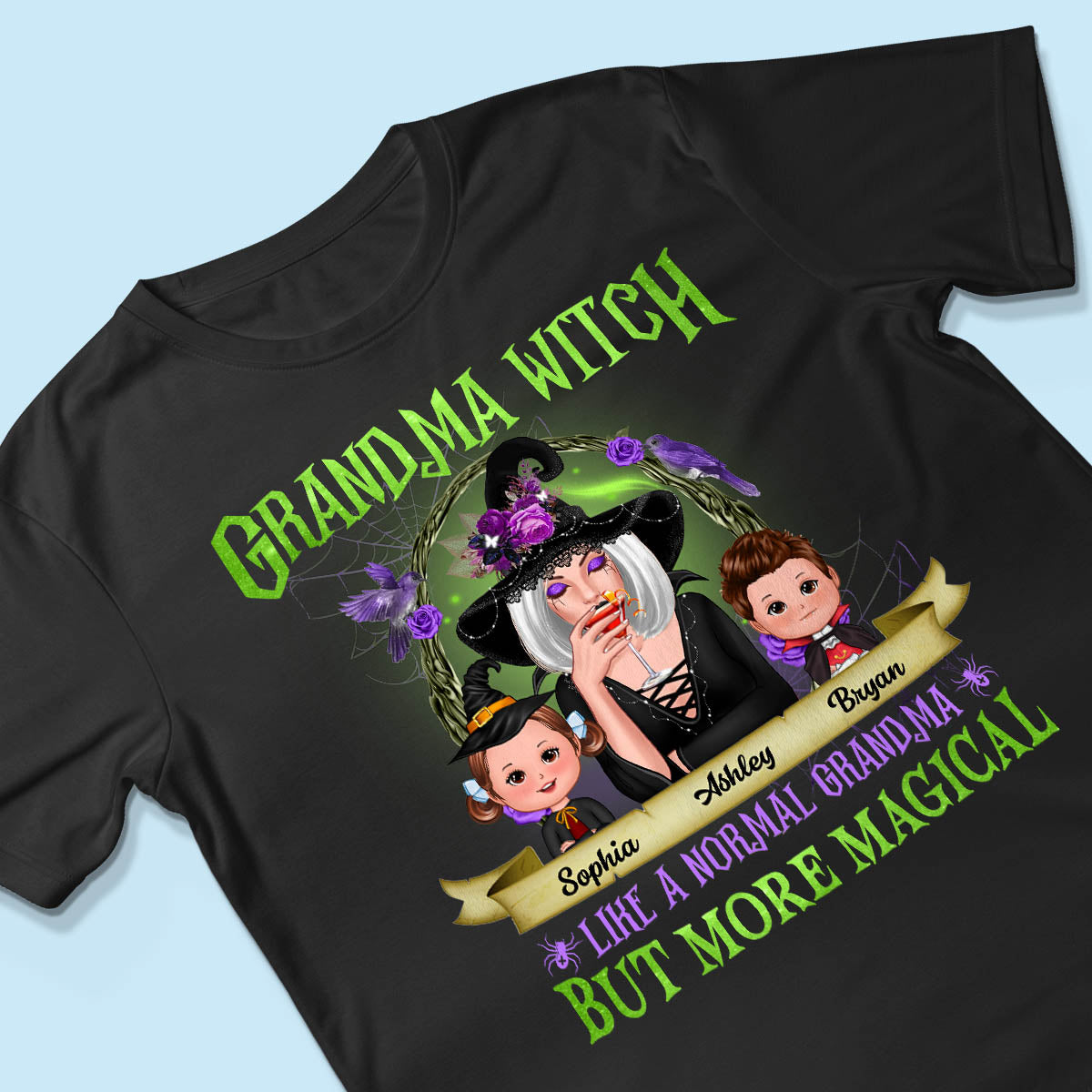 Green And Purple Halloween Grandma And Kids Personalized Shirt