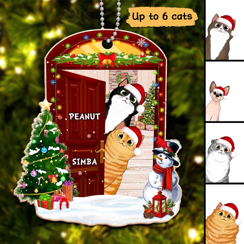 Christmas Opened Door Peeking Cats Personalized Wooden Ornament