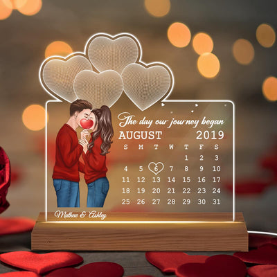 Couple Kissing Behind Heart Under 3D Heart Anniversary Date Calendar Personalized Custom Shape Acrylic Plaque With LED Night Light - Anniversary Gift For Couple - Gift For Him Gift For Her