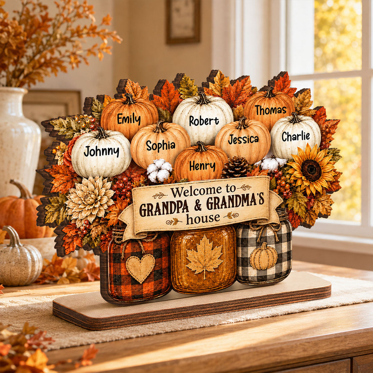 Cozy Warm Fall Season Mason Jars Pumpkins Grandma Grandpa Little Pumpkins - Personalized 2-Layered Wooden Plaque - Fall Decoration For Grandparents