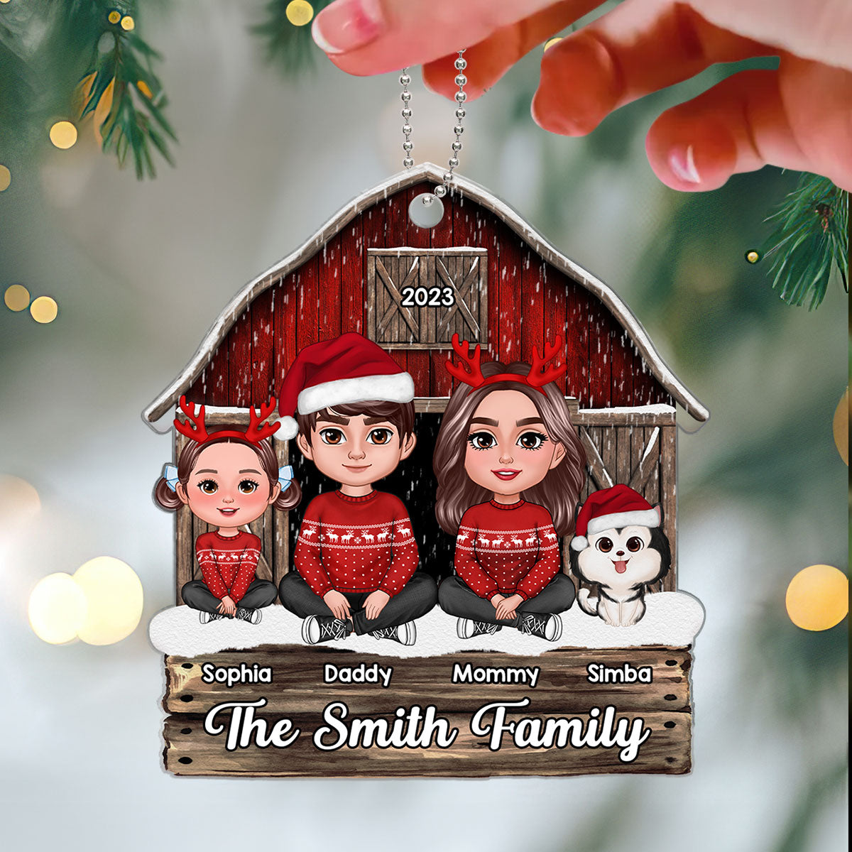 Family Sitting Crossed Legs Red Barn Christmas Gift Personalized Acrylic Ornament