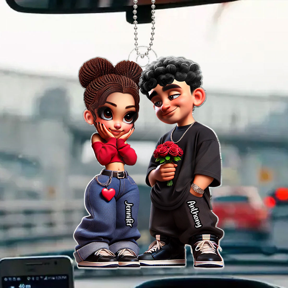 3D Effect Y2K Couple Personalized Acrylic Car Hanger,  Gift For Couple, For Him, For Her