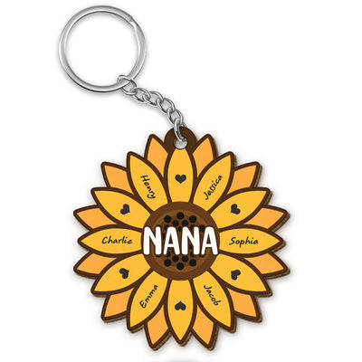 Sunflower Grandkids Children Name Gift For Mom Grandma Personalized Custom Shape Wooden Keychain