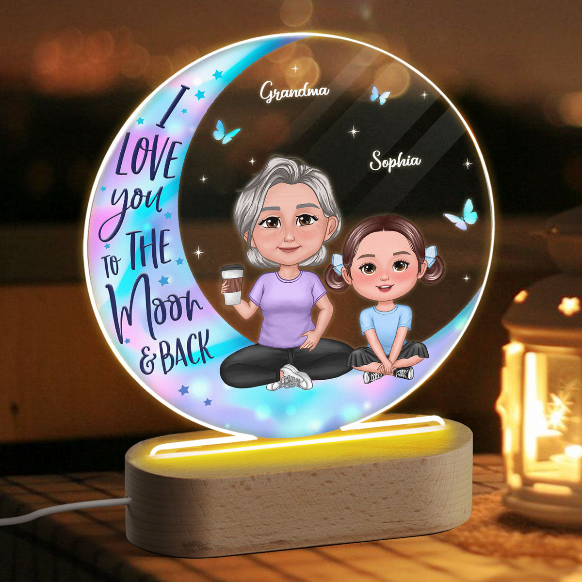 Pretty Doll Grandma Grandkids On Galaxy Moon Personalized Acrylic Circle LED Night Light