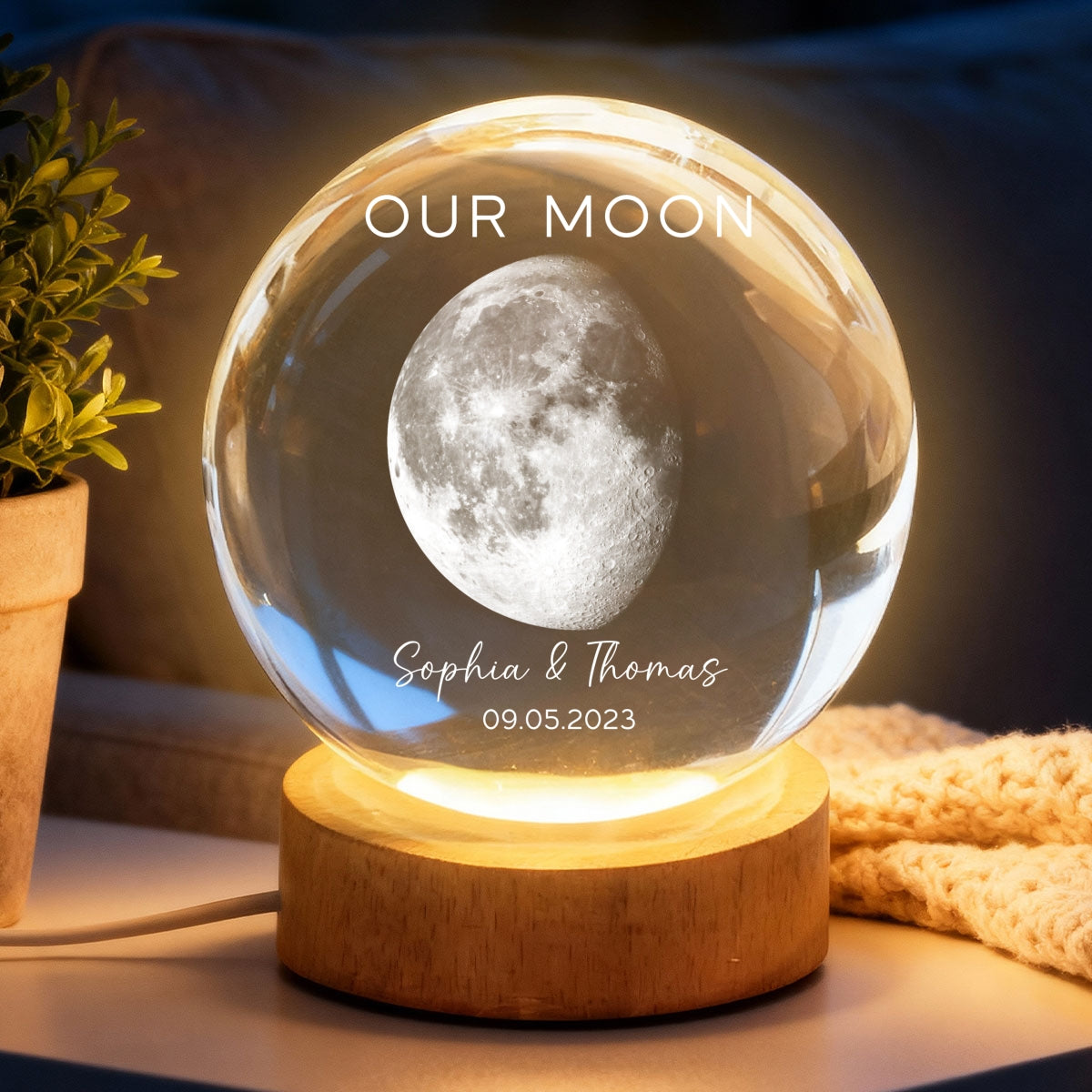 Our Moon Special Day Custom Moon Phase - Personalized Crystal Ball LED Night Light - Valentine's Day Gift For Couple