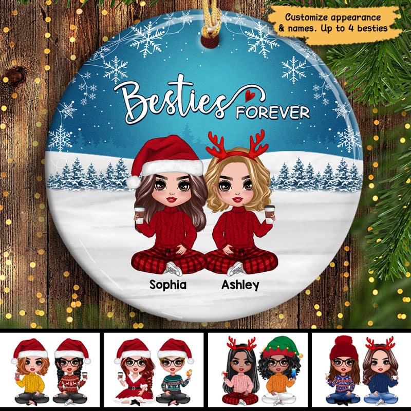 Doll Besties Sisters Checkered Pants Snow Blue Background Personalized Circle Ornament