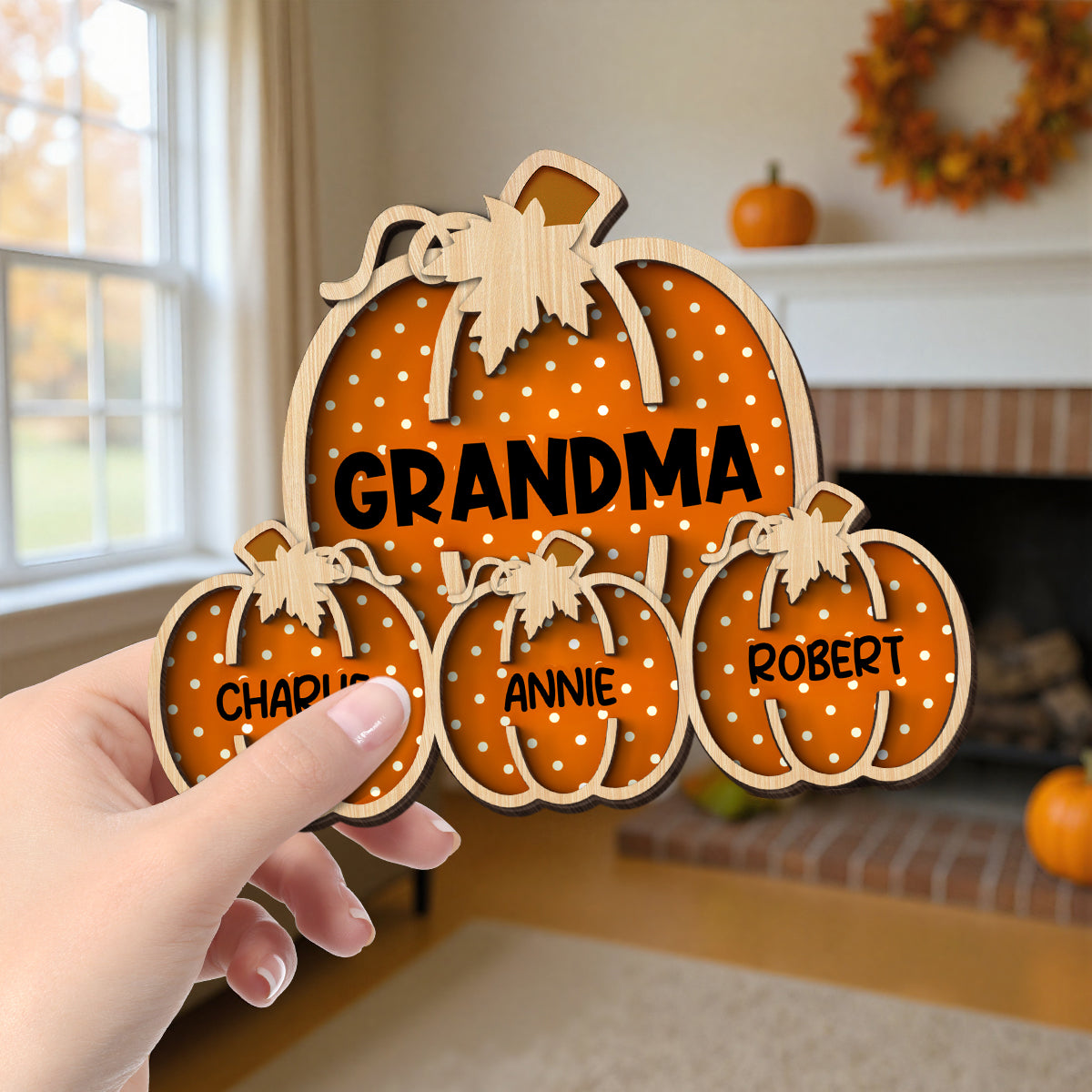 Fall Season Grandma Little Pumpkins Polka Dot Pattern Personalized 2-Layer Wooden Plaque