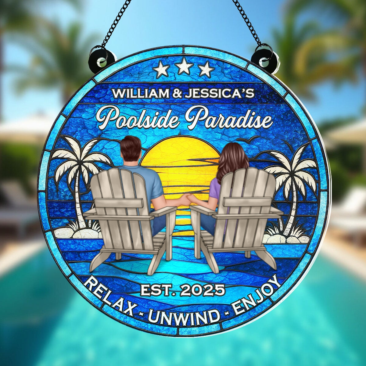Poolside Paradise Couple Sitting Personalized Suncatcher, Summer Decor