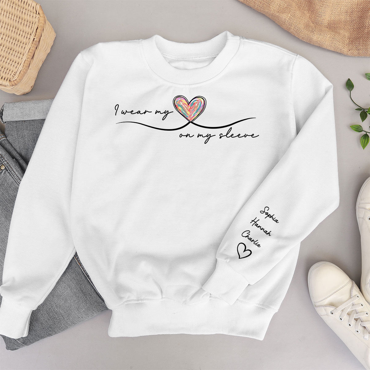 Grandma Wears Her Heart On Her Sleeve, Colorful Heart, Gift For Grandma And Mom, Personalized Sleeve Printed Sweatshirt