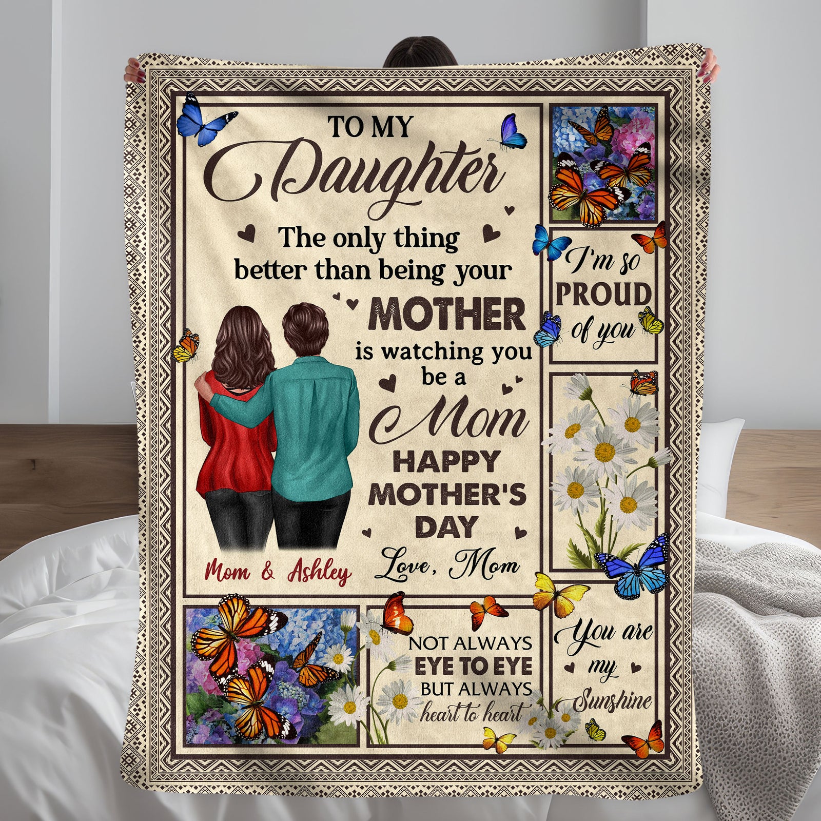 To My Daughter From Mom Happy Mother's Day Butterflies Personalized Fleece Blanket, Gift For Daughter