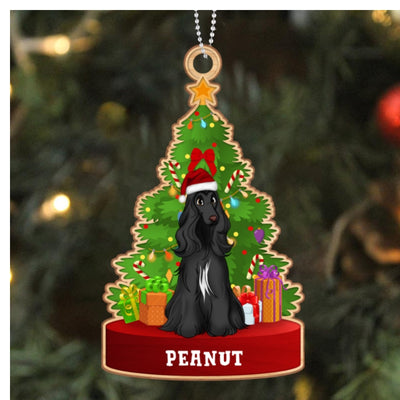 Cute Dog Sitting By Christmas Tree Personalized Wooden Ornament