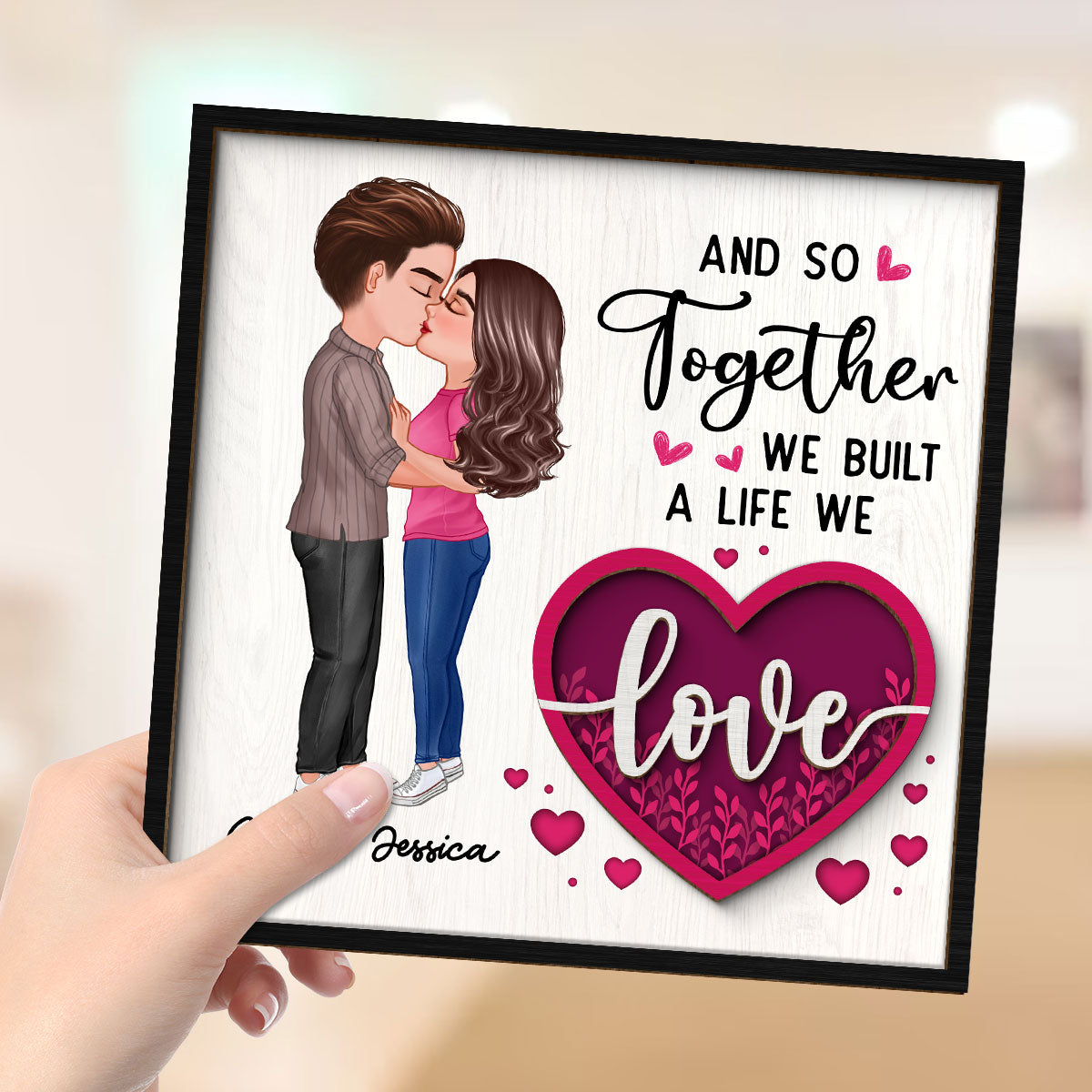 Couple Kissing Pink Heart Valentine‘s Day Gift For Him For Her Personalized 2-Layer Wooden Plaque