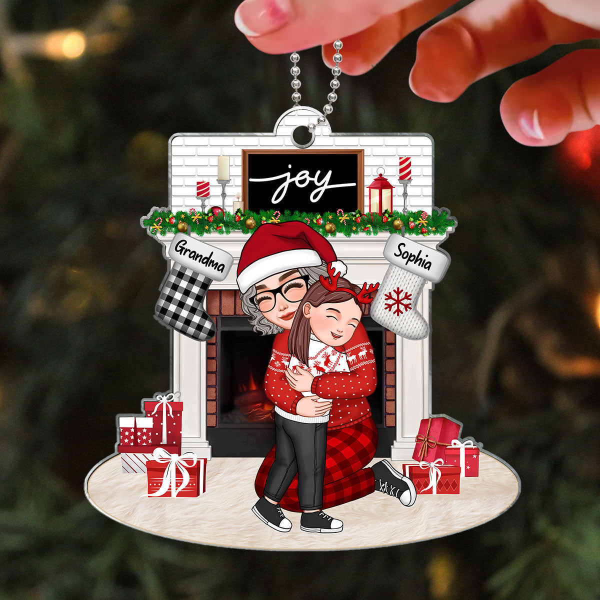 Grandma Grandkid Sitting By Fireplace Personalized Acrylic Ornament