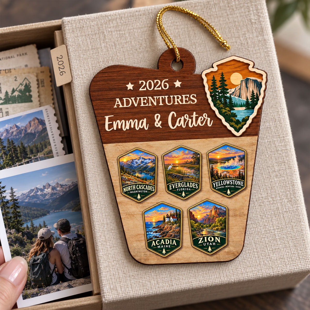 Custom National Parks Adventures - Personalized Wooden Ornament - National Parks Adventure Lovers, National Park Trip Keepsake, Couple Traveling Christmas Gift