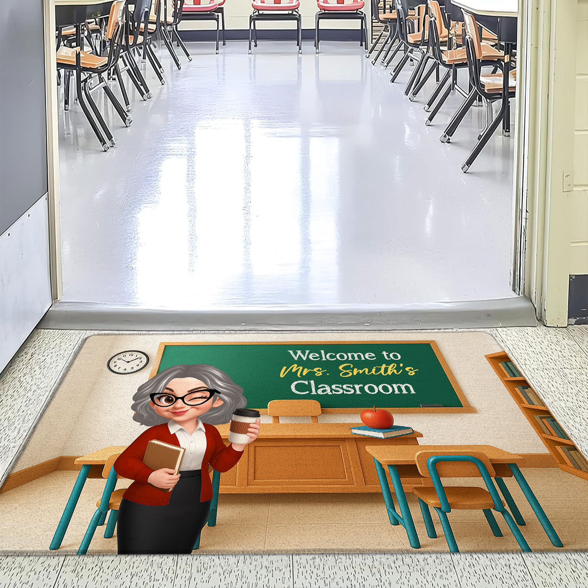 Pretty Teacher In Classroom 3D Effect Background Personalized Doormat, Back To School Decoration