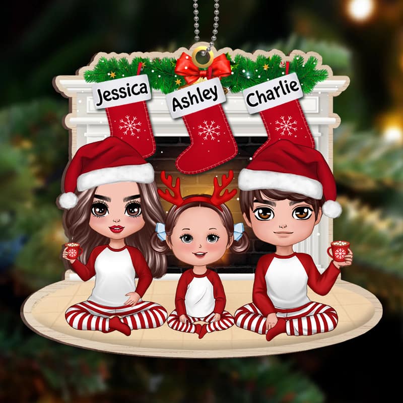 Pajamas Doll Family Sitting At Fireplace Personalized Wooden Ornament