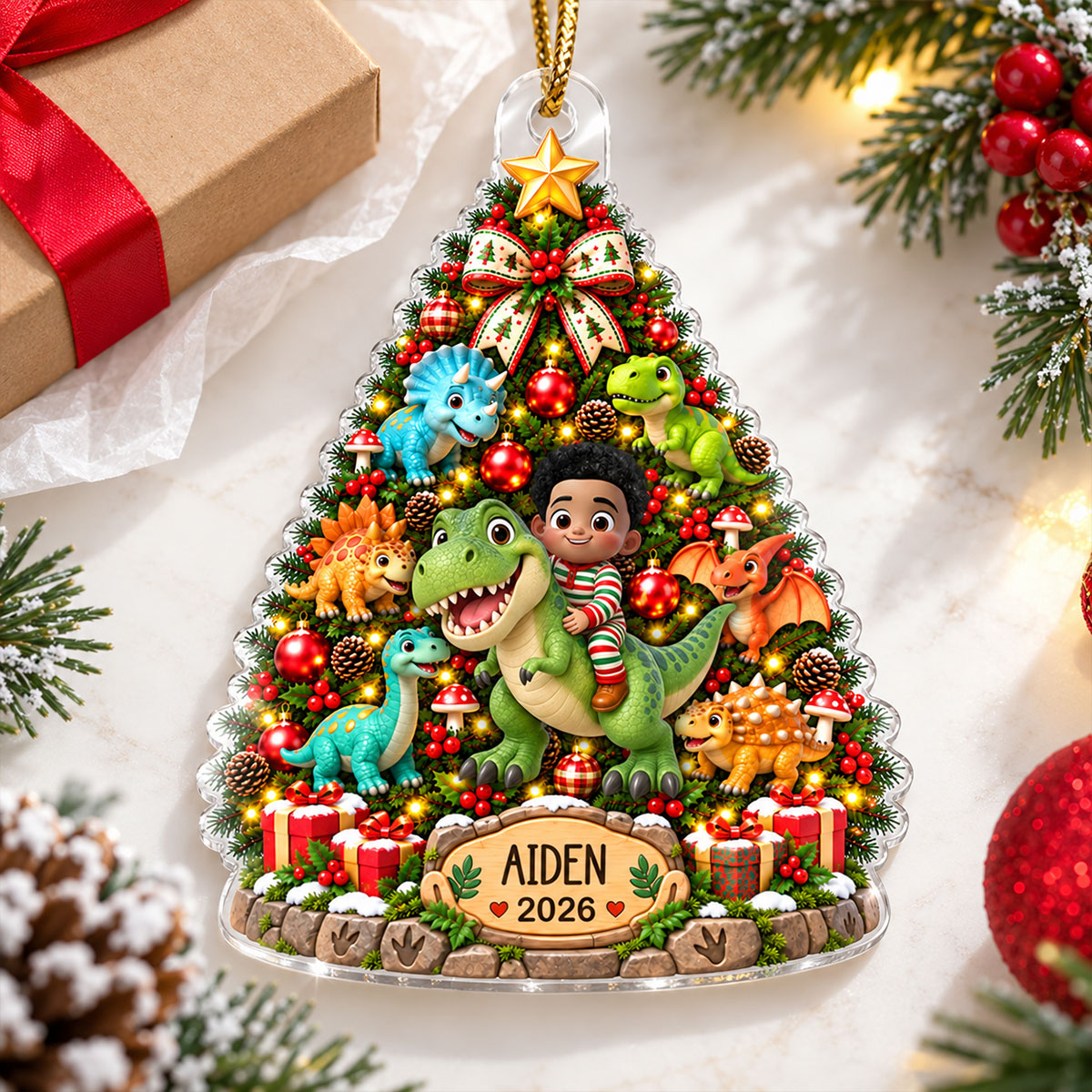 Cute Kid Riding Dinosaur Christmas Tree 2D Flat – Personalized Acrylic Ornament – Christmas Gift For Kids, Dinosaur Lovers