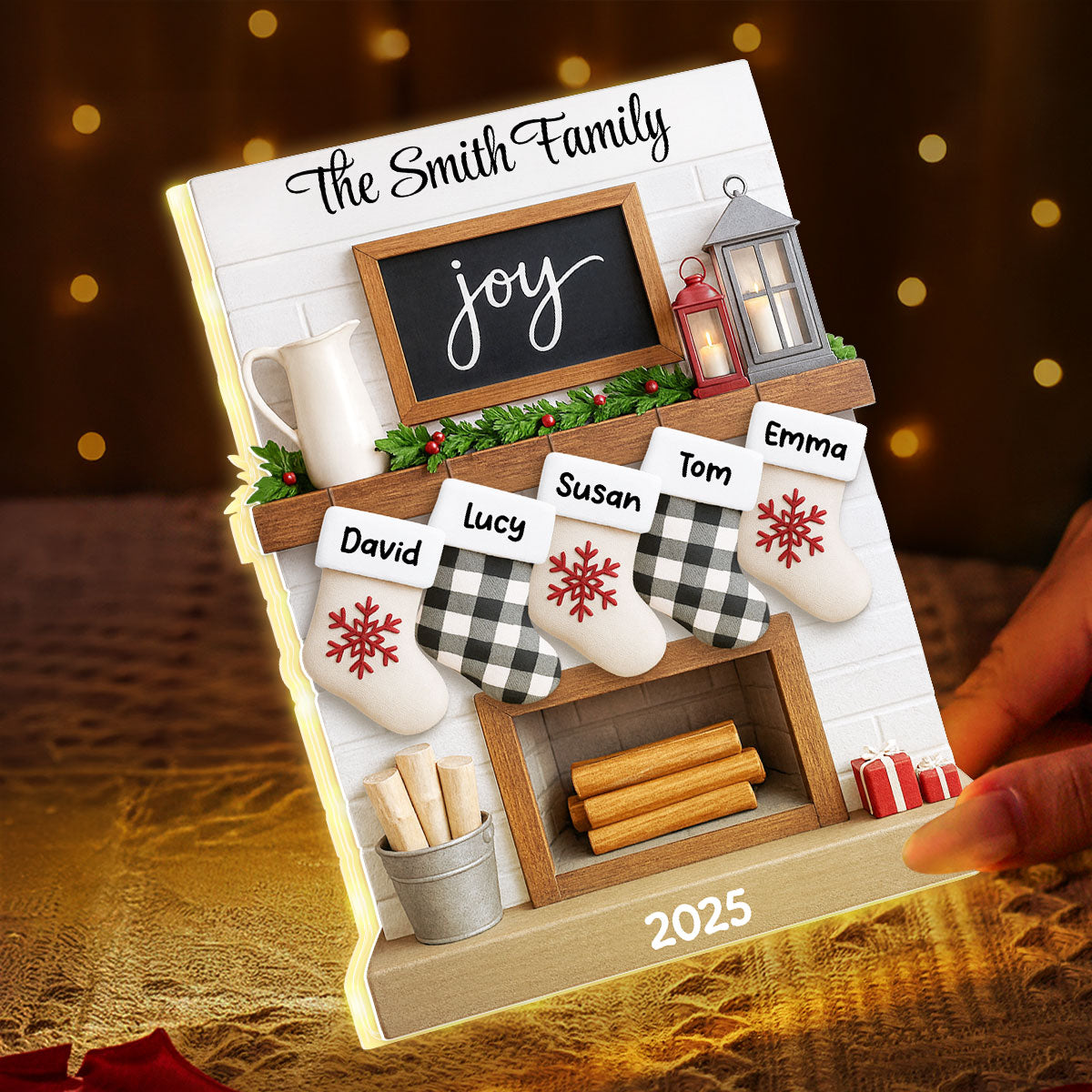 2025 Large Family Fireplace Mantle Tree Home Stocking Stuffer Christmas Gift Personalized LED Light Box