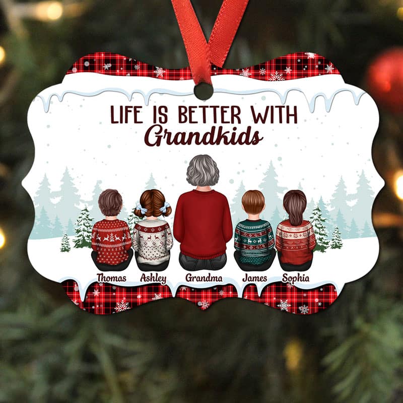 Grandma Grandkids Sitting Checkered Pattern Personalized Christmas Ornament