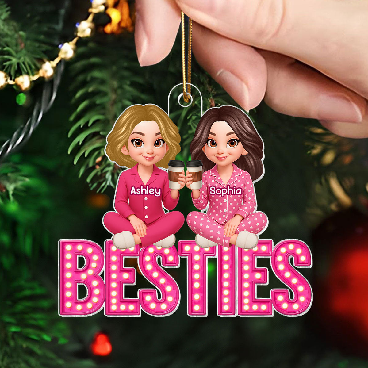 Pink Marquee Besties Sisters Sitting On Text Personalized Acrylic Ornament