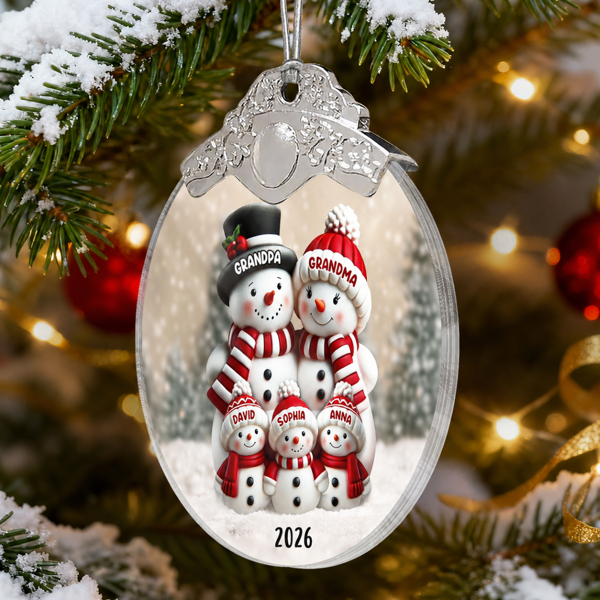 3D Effect Cute Snowman - Personalized Glass Ornament With Silver Cap - Christmas Decor For Family, Grandma, Grandpa
