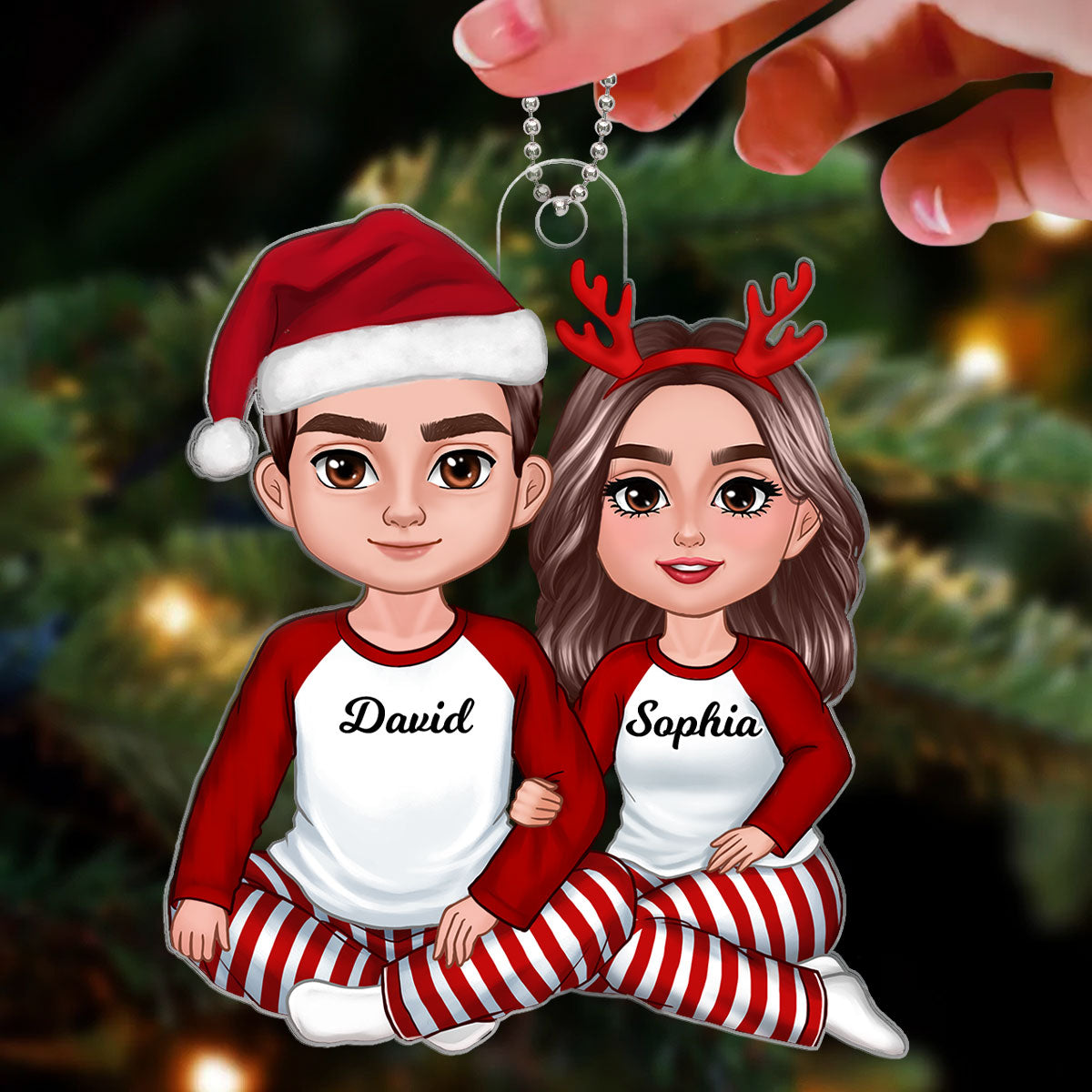 Christmas Couple Sitting Hugging Christmas Gift Personalized Acrylic Ornament