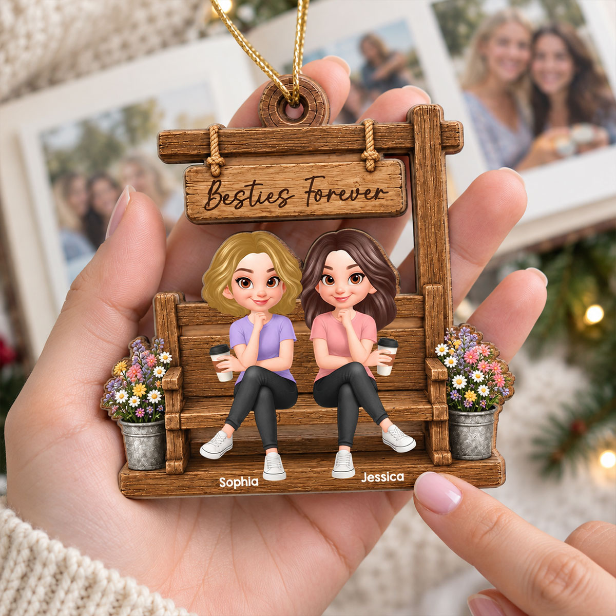 Besties Sisters Sitting Under Sign Post - Personalized Wooden Ornament - Christmas Gift for Best Friends, Sisters